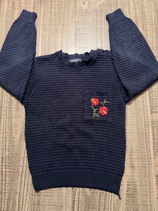 herman geist Sweaters - Crewneck Navy Textured Knit Sweater with Floral Pocket